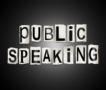 3d Illustration depicting a set of cut out printed letters arranged to form the words "public speaking".の写真素材