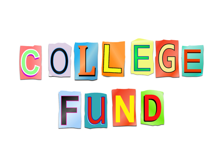 3d Illustration depicting a set of cut out printed letters arranged to form the words college fund.の写真素材