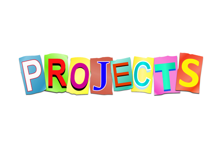 3d Illustration depicting a set of cut out printed letters arranged to form the word projects.の写真素材