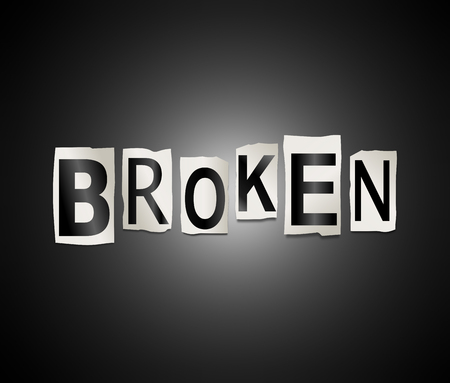 3d Illustration depicting a set of cut out printed letters arranged to form the word broken.の写真素材