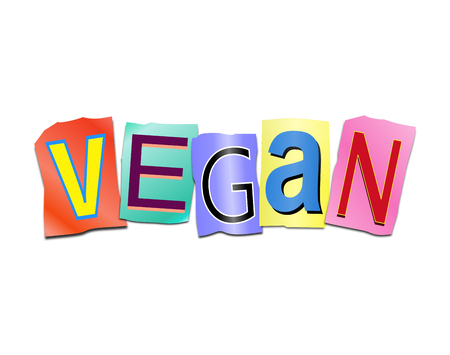 3d Illustration depicting a set of cut out printed letters arranged to form the word vegan.の写真素材