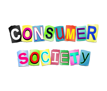 3d Illustration depicting a set of cut out printed letters arranged to form the words consumer society.の写真素材