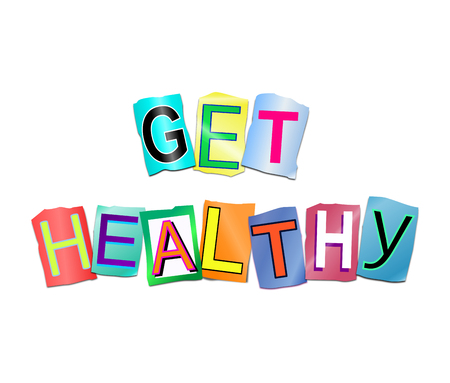 3d Illustration depicting a set of cut out printed letters arranged to form the words get healthy.の写真素材