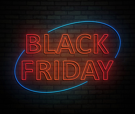 3d Illustration depicting an illuminated neon sign with a black friday concept.の写真素材