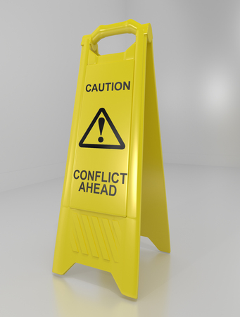 3d illustration depicting a yellow floor warning sign with a conflict warning concept.の写真素材
