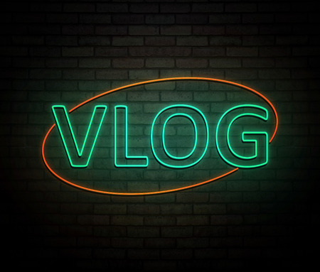 3d Illustration depicting an illuminated neon sign with a vlog concept.の写真素材