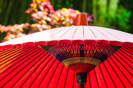 Detail of japanese red paper parasol, colorful blurred background of blooming bush and green bamboo forestの写真素材