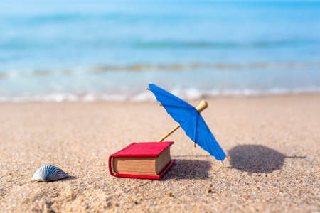 Summer beach nostalgia leisure objects in miniature: seashell, parasol and book (copy space)の写真素材
