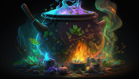 The Enchanted Cauldron: A Magical Brew in a Mystic World. Image generated using generative AI technologyの素材