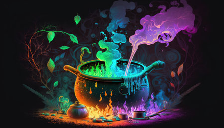 The Enchanted Cauldron: A Magical Brew in a Mystic World. Image generated using generative AI technologyの素材