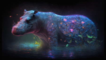 The Enchanted Hippopotamus of the Mystic River. Image generated using generative AI technologyの素材