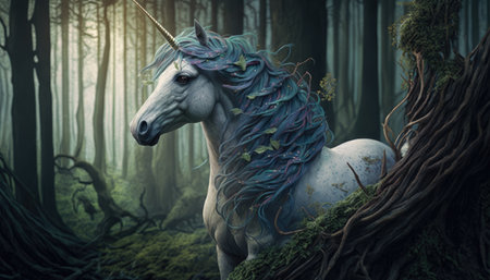 The Legendary Unicorn of the Enchanted Forest. Image generated using generative AI technologyの素材