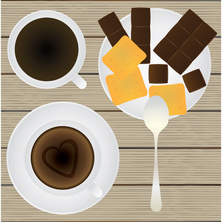 Cup of coffee, saucer, teaspoon, chocolate and cookies on a table. Top view. Vector illustration for your design, business, web sites, etc.のイラスト素材