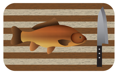 Fish and  knife on a chopping board. Top view. Vector illustration for your design, business, web sites, etc.のイラスト素材