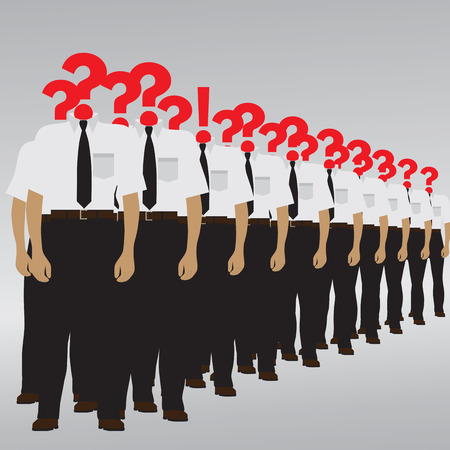The person with a question mark and an exclamation mark. Choice of the person from the crowd for hiring. Recruitment, selection. Question-Answer. Vector illustration.のイラスト素材