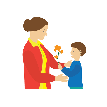 Son gives to mother flowers. Mother's Day. Illustration, elements for design.のイラスト素材