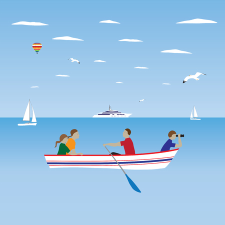 Family by the boat. Family vacation. Vector illustration. Elements for design.のイラスト素材