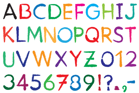 Font. Alphabet. #3. Letters A-Z + Numbers 0-9  + exclamation mark (!) + question mark (?) + point + comma + dash, hyphen (-). The font is drawn with a brush. Color can be changed easily.のイラスト素材