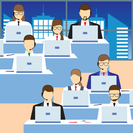 Men and women working in a call center. Call center. Support service. Concept, illustration, elements for design.のイラスト素材