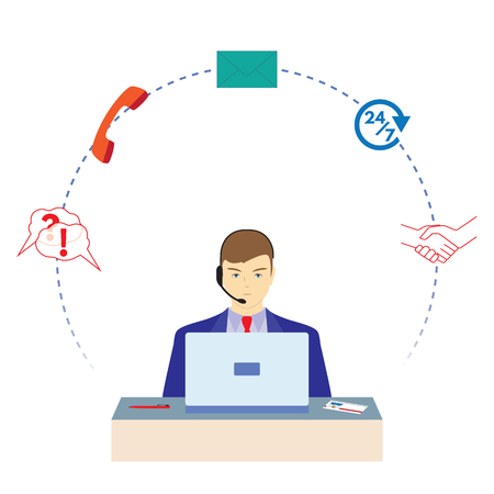 Man working in a call center. Call center. Support service. Concept, illustration, elements for design.のイラスト素材