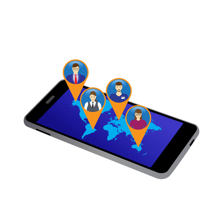 The map on the screen of the mobile device and icons of people's faces. Social Networks. Social Media. Global communication.のイラスト素材