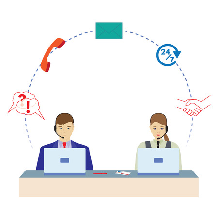 Man and woman working in a call center. Call center. Support service. Concept, illustration, elements for design.のイラスト素材