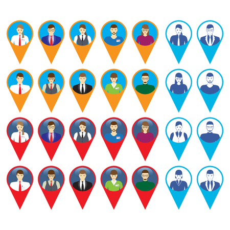 Male and female faces icons with GPS sign location. Icons, avatars.のイラスト素材