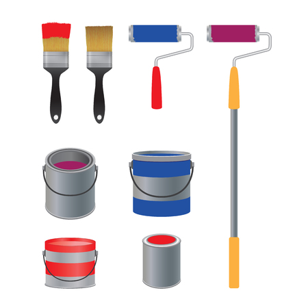 Brush and roller for paint, banks with paint. Painting tools.のイラスト素材