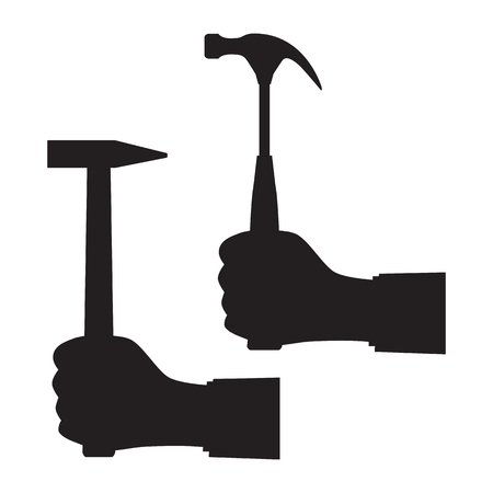 Black silhouette of a hand with a hammer. Illustration, elements for design.のイラスト素材