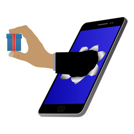 Hole on the screen and hand with a gift (with a box). Online shopping and mobile marketing. Purchase and delivery.のイラスト素材