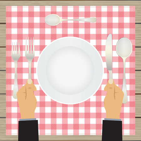 Hand with a knife and fork. Tableware. Table setting. Etiquette. Top view. Elements for design: plate, fork, spoon, knife.のイラスト素材