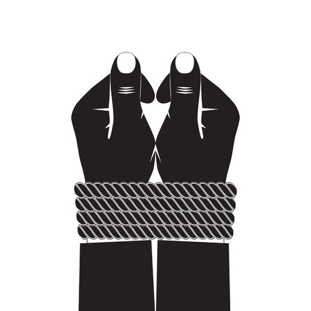 Black silhouette of the hands tied by a rope.のイラスト素材