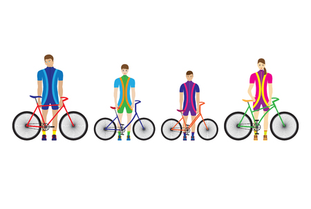 Father, mother and children stand with bicycles. Sport family.
