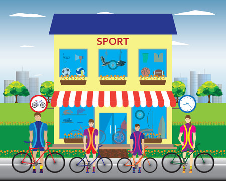 Father, mother and children stand near sports shop. Sport family.のイラスト素材