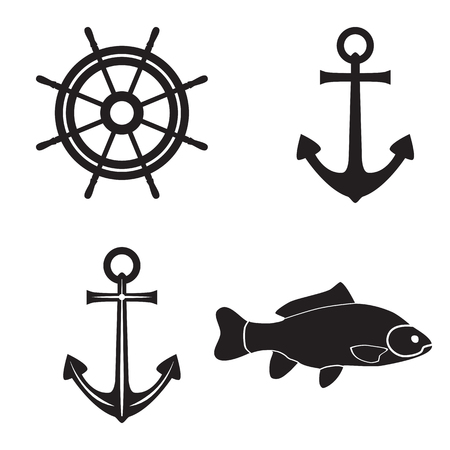 Black silhouettes of an anchor, fish and steering wheel. Sea symbols.のイラスト素材