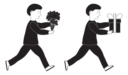 Black silhouettes of  child with flowers and gift. Mother's Day.のイラスト素材