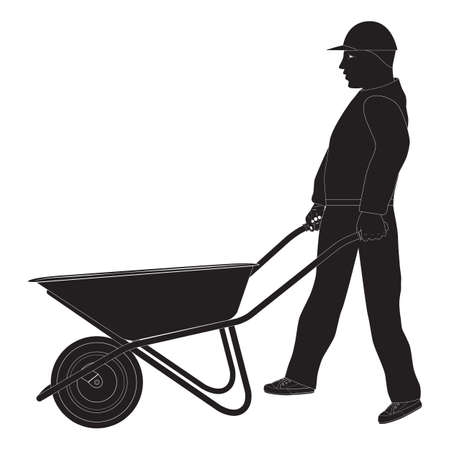 Working man with a wheelbarrow. Silhouette. Construction tool.のイラスト素材