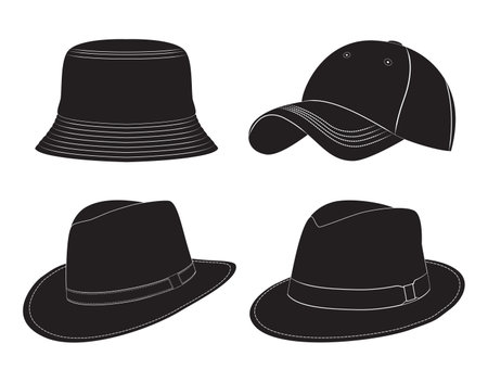 Various types of men's headwear. Silhouette. Hats, baseball cap, headdress.のイラスト素材