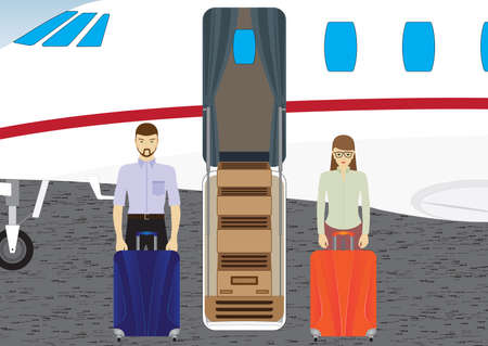 Passengers near the plane. Passengers are preparing for the flight on the plane.のイラスト素材