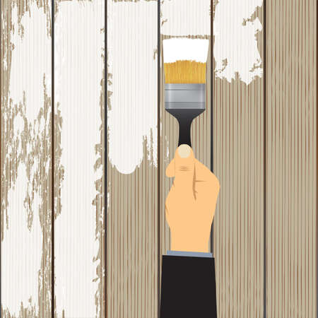 Painting the board, the fence. The hand holds a paintbrush and paints the fence. Repair. Tool. Painting tool.のイラスト素材
