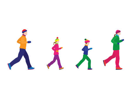 Running family. In winter clothes. Active family. Family sports. Winter sport.のイラスト素材