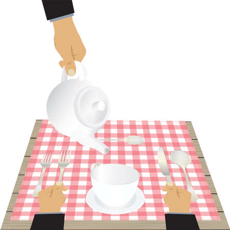 Cutlery on the table. Porcelain. Crockery. Dishes. Teapot, saucer with a cup, forks, spoons, knife.のイラスト素材