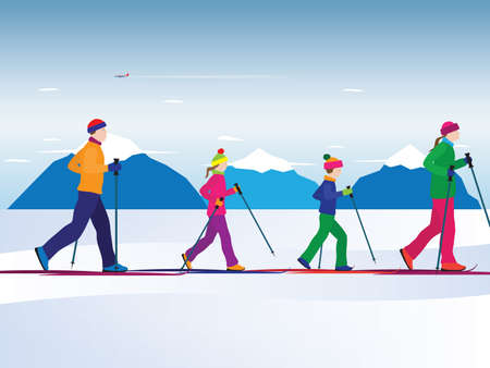 Family skiing. Active family. Family sports. Winter sport.のイラスト素材