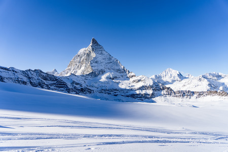 Aerial view of winter switzerland Mountains and Matterhorn landscape in sunny bright day.の写真素材