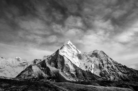 panoramic beautiful view of Ama Dablam from trek to Everset in black and white contrast view.の写真素材
