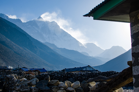 Front view of south face wall of Lhotze mountain in Nepal. Hymalayas.  8516 meters above the sea. with clouds above it. at early morning from Everest trek.の写真素材