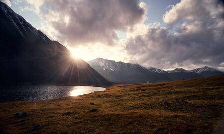 Autumn landscape of mountains and mountain lake in Altai near Mongoliaの写真素材