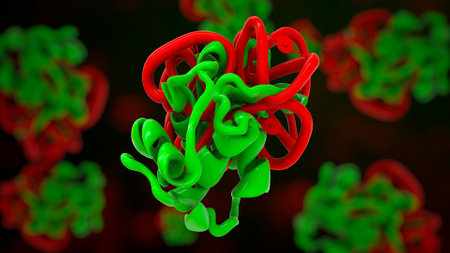 3D illustration of virus in red and green backgroundの写真素材