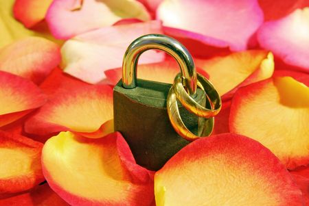 Lock with two wedding rings on bed of flowers .Valentine day relatedの写真素材