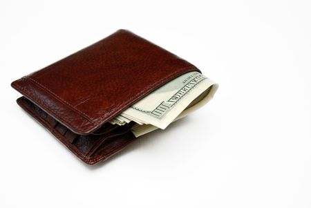 Wallet full of money. Isolated on white. の写真素材
